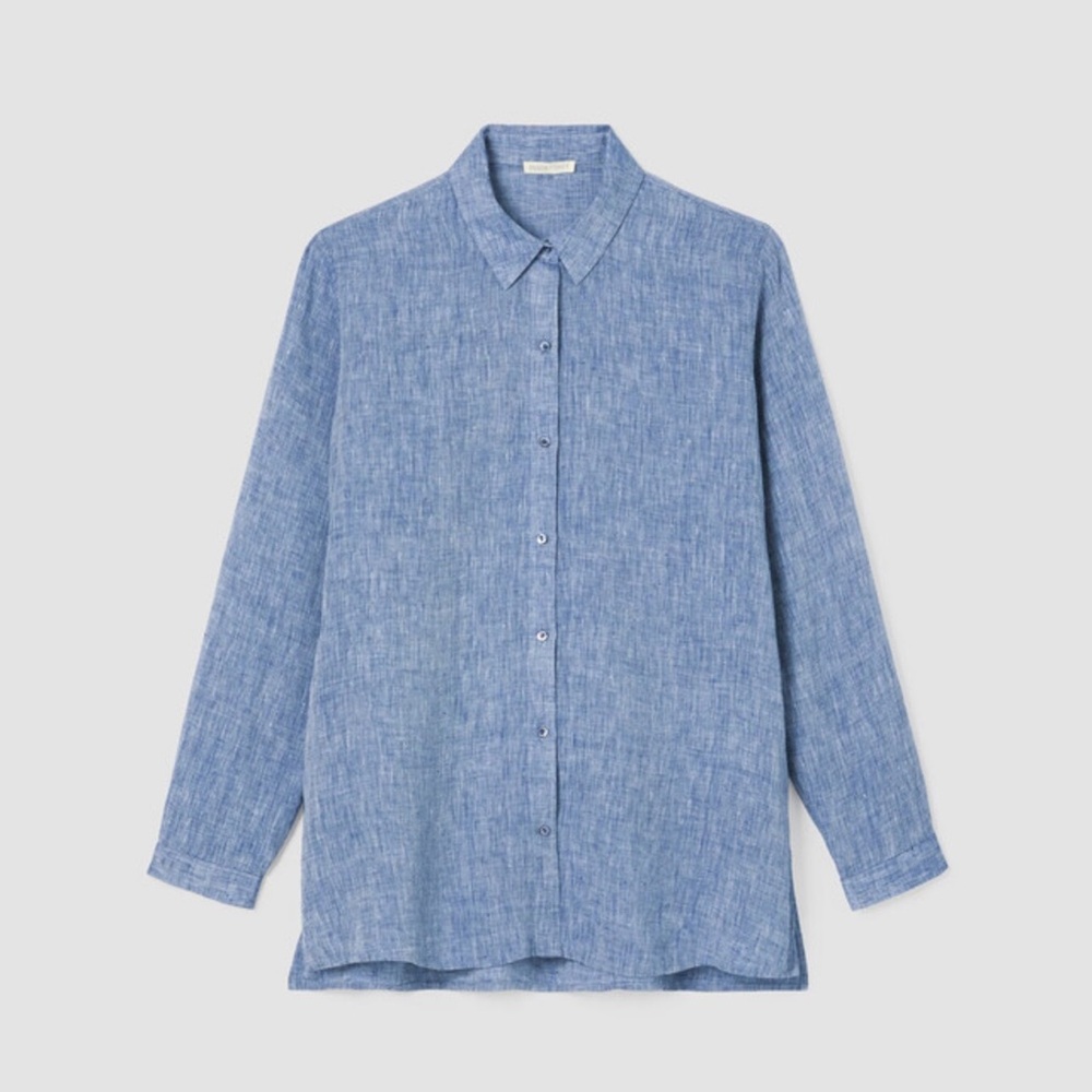$169 Eileen Fisher Yarn-Dyed Handkerchief Organic Linen Shirt size large blue - Picture 5 of 11